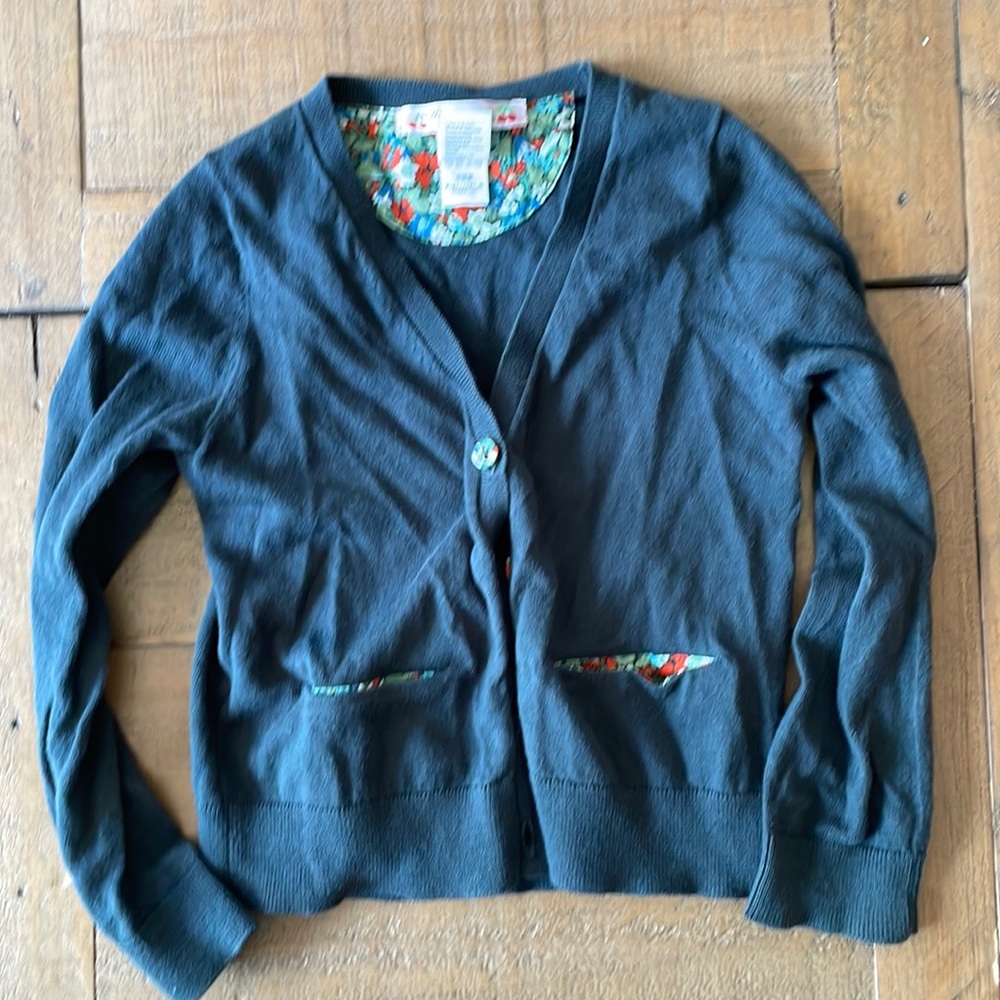 Bonpoint Navy Blue Cardigan with Floral Trim